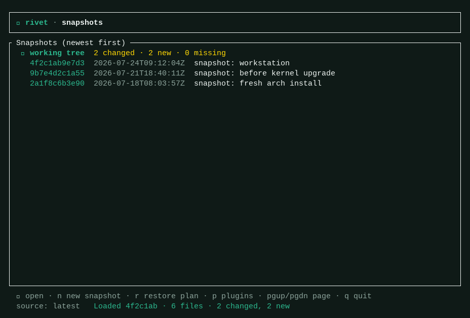 Browsing snapshot history in rivet tui, opening a revision, reading its
diffs, and descending into the restore plan